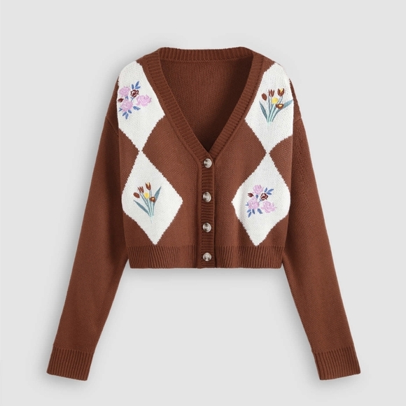 Vintage Cider Brown Cardigan with Floral Embroidery Size M - Picture 1 of 11
